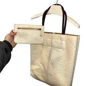 Ostrich Imprint Large off white brown braided handles large pvc tote